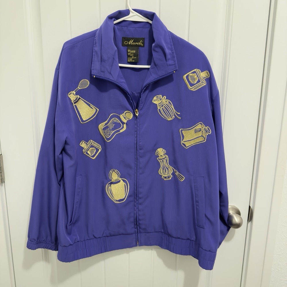Mureli‎ Women's Purple Jacket Gold Perfume Design Full Zip Elastic Bottom Size M